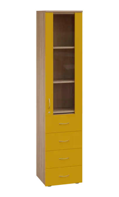 LE - 44 skříň léková prosklená, pravá, korpus dub bardolino, dvířka žlutá odio